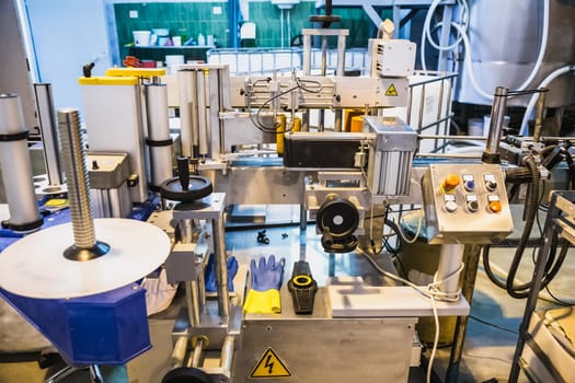 Automatic packing line of conveyor. Pharmaceutical and chemical industry. Manufacture on factory