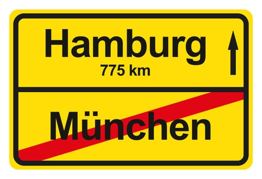 A yellow exit sign Munich is over and 775 km to Hamburg