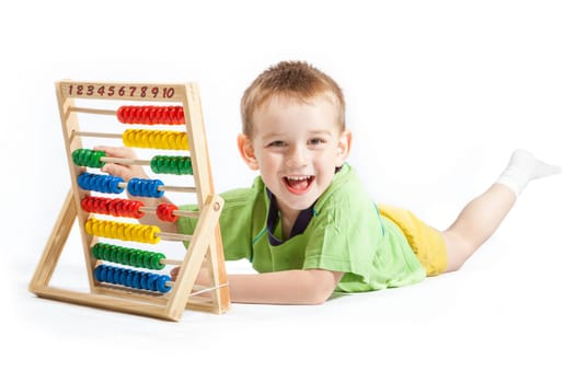 jolly baby boy with abacus isolated on white background