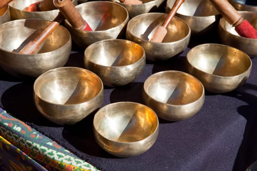 Stall of tibetan Singing Bowls or Cup of life, popular product in Nepal, Tibet and India
