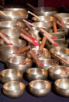 Stall of tibetan Singing Bowls or Cup of life, popular product in Nepal, Tibet and India