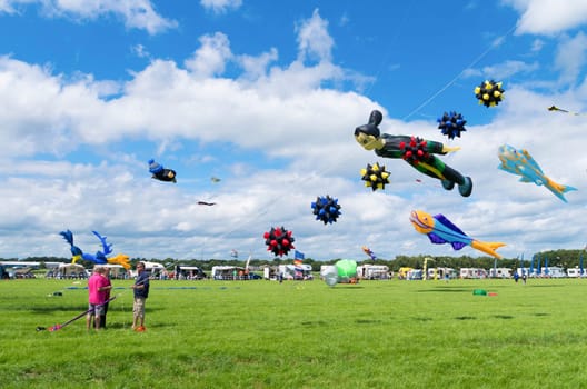 Colorful kites at the 5th international kite festival on july 6, 2014 in Twenterand, Netherlands.Most of the participants are from Germany and Belgium.