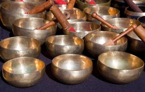 Stall of tibetan Singing Bowls or Cup of life, popular product in Nepal, Tibet and India