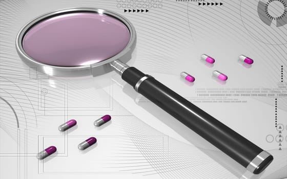 Digital illustration of a magnifying glass in colour background