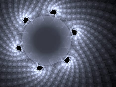 Abstract background with spherical shapes in a radial pattern, with a central circle with copyspace