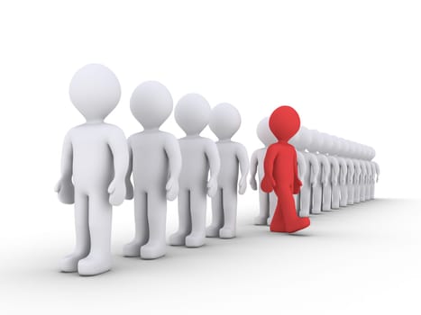 3d people are standing in a row and one is walking away