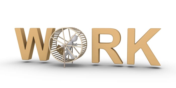 3d businessman running inside a hamster wheel as part of the WORK word