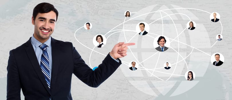 Businessman showing his connected friends in worldwide