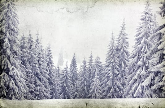 Vintage Christmas background with snowy fir trees