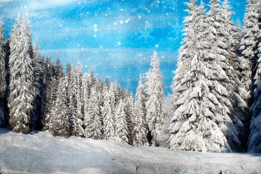Vintage Christmas background with snowy fir trees