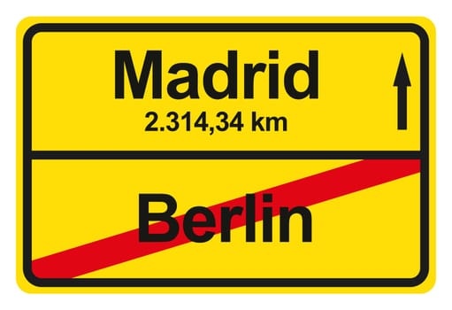 A yellow exit sign with the distance from one place to another.