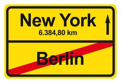 A yellow exit sign with the distance from one place to another.