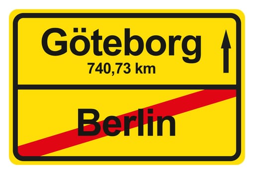 A yellow exit sign with the distance from one place to another.