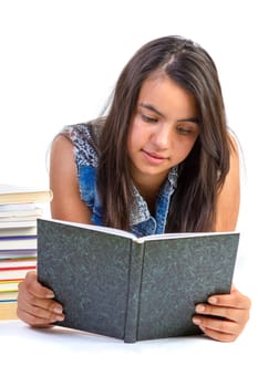 portrait of a girl teenager reading book isolated over white background