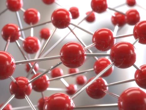 Molecular structure with red spheres interconnected with depth of field.