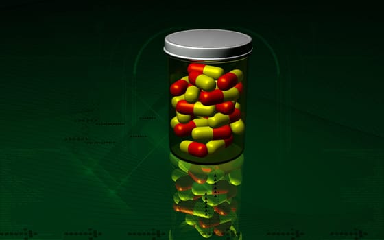 Digital illustration of capsule bottle in colour background