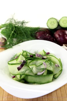 a bowl of cucumber salad with dill and red onions