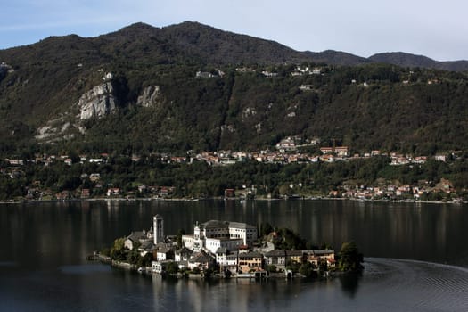 The Isla San Giulio in the Ortasee outside of the Fishingvillage of Orta on the Lake Orta in the Lombardia  in north Italy.