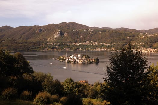 The Isla San Giulio in the Ortasee outside of the Fishingvillage of Orta on the Lake Orta in the Lombardia  in north Italy.