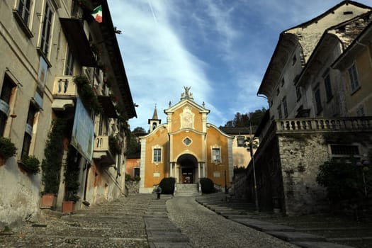 The churche in the Fishingvillage of Orta on the Lake Orta in the Lombardia in north Italy.