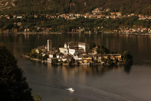 The Isla San Giulio in the Ortasee outside of the Fishingvillage of Orta on the Lake Orta in the Lombardia  in north Italy.