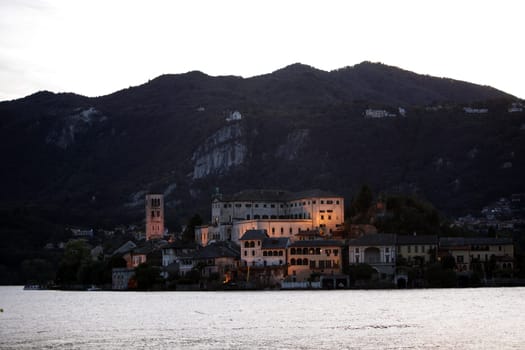 The Isla San Giulio in the Ortasee outside of the Fishingvillage of Orta on the Lake Orta in the Lombardia  in north Italy.