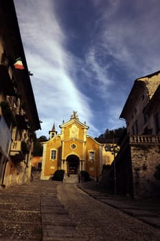 The churche in the Fishingvillage of Orta on the Lake Orta in the Lombardia in north Italy.