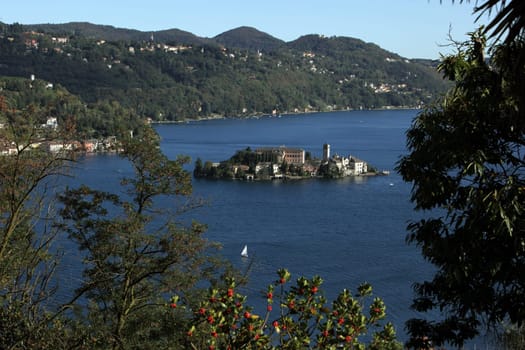 The Isla San Giulio in the Ortasee outside of the Fishingvillage of Orta on the Lake Orta in the Lombardia  in north Italy.