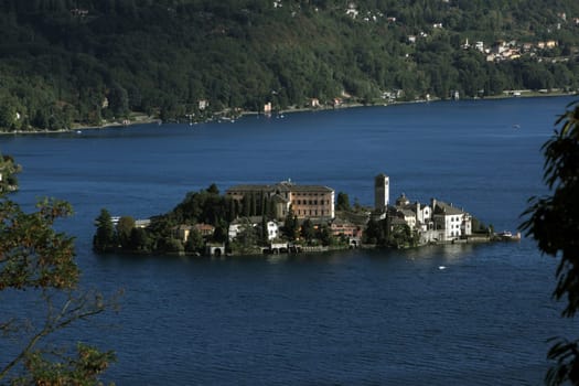 The Isla San Giulio in the Ortasee outside of the Fishingvillage of Orta on the Lake Orta in the Lombardia  in north Italy.