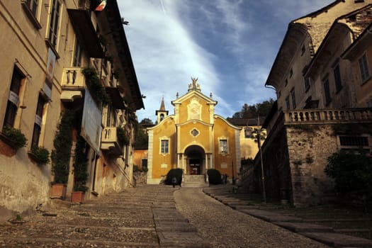 The churche in the Fishingvillage of Orta on the Lake Orta in the Lombardia in north Italy.