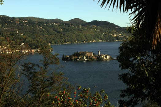 The Isla San Giulio in the Ortasee outside of the Fishingvillage of Orta on the Lake Orta in the Lombardia  in north Italy.
