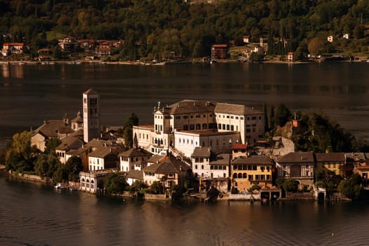 The Isla San Giulio in the Ortasee outside of the Fishingvillage of Orta on the Lake Orta in the Lombardia  in north Italy.