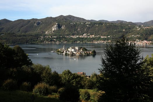 The Isla San Giulio in the Ortasee outside of the Fishingvillage of Orta on the Lake Orta in the Lombardia  in north Italy.