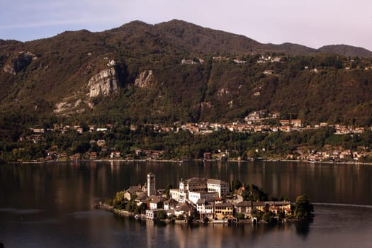 The Isla San Giulio in the Ortasee outside of the Fishingvillage of Orta on the Lake Orta in the Lombardia  in north Italy.