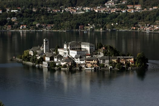 The Isla San Giulio in the Ortasee outside of the Fishingvillage of Orta on the Lake Orta in the Lombardia  in north Italy.