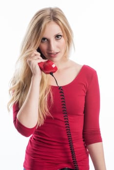 young woman with red phone phone