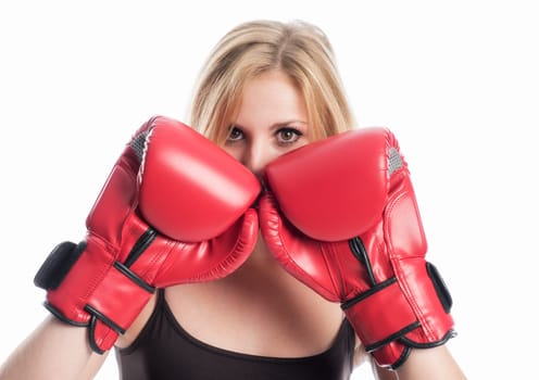 young blonde woman with red box gloves