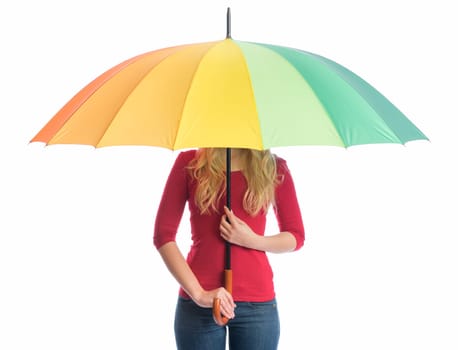 a shy woman hides under a colorful rain screen