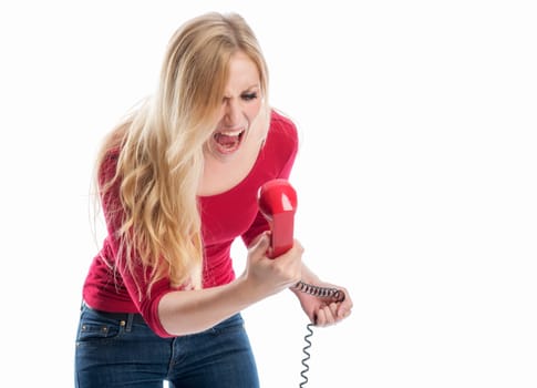 annoyed woman screams in the phone