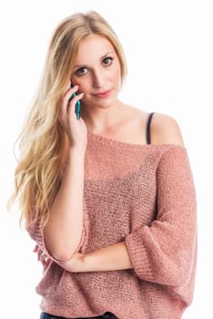 a blonde woman on the phone with a mobile phone