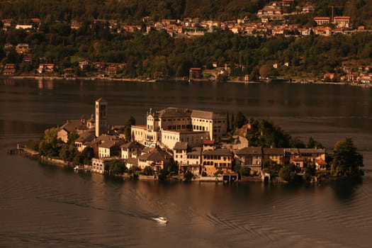 The Isla San Giulio in the Ortasee outside of the Fishingvillage of Orta on the Lake Orta in the Lombardia  in north Italy.