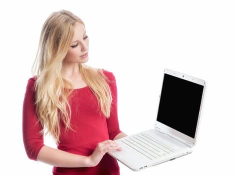 a woman with laptop holding a presentation