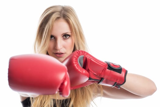 young blonde woman with red box gloves