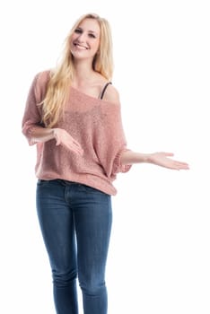 a blonde woman gesticulated with her hands