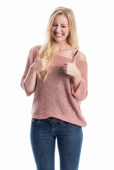 a woman happily pulls a grimasse and shows thumbs up