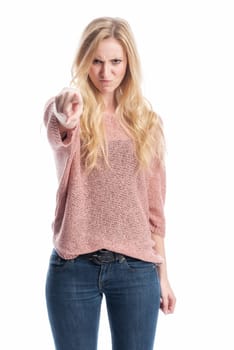an evil looking woman threatens with the finger