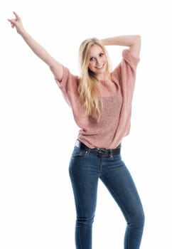 a jubilant woman points with her pointing finger up