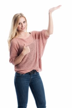 a blonde woman gesticulated with her hands