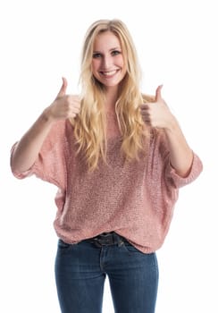 a blonde woman smiles and shows thumbs up