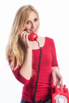 young woman with red phone phone